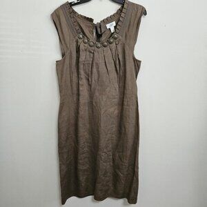 LOFT Women's Brown Tie Back Flare Dress 100% Linen Size 10 Note Flaw
